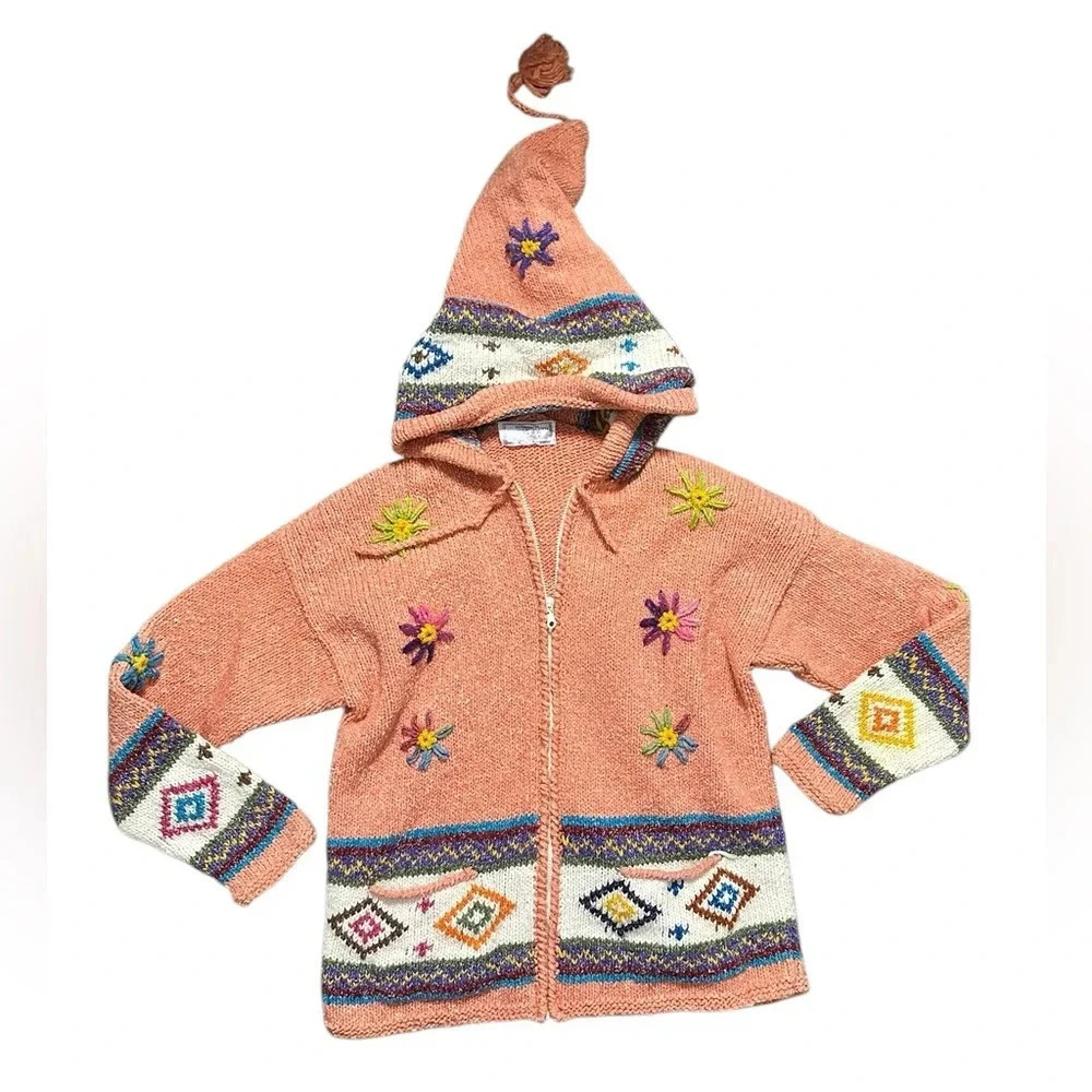 Handmade Vintage Colorful Knit 100% Wool Hooded Cardigan - Picture 1 of 6